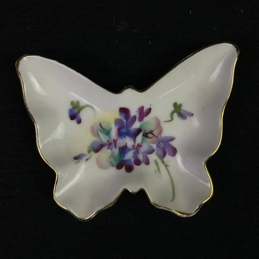 Vintage Butterfly Trinket Dishes Set of 3 Gold Trim Floral Porcelain